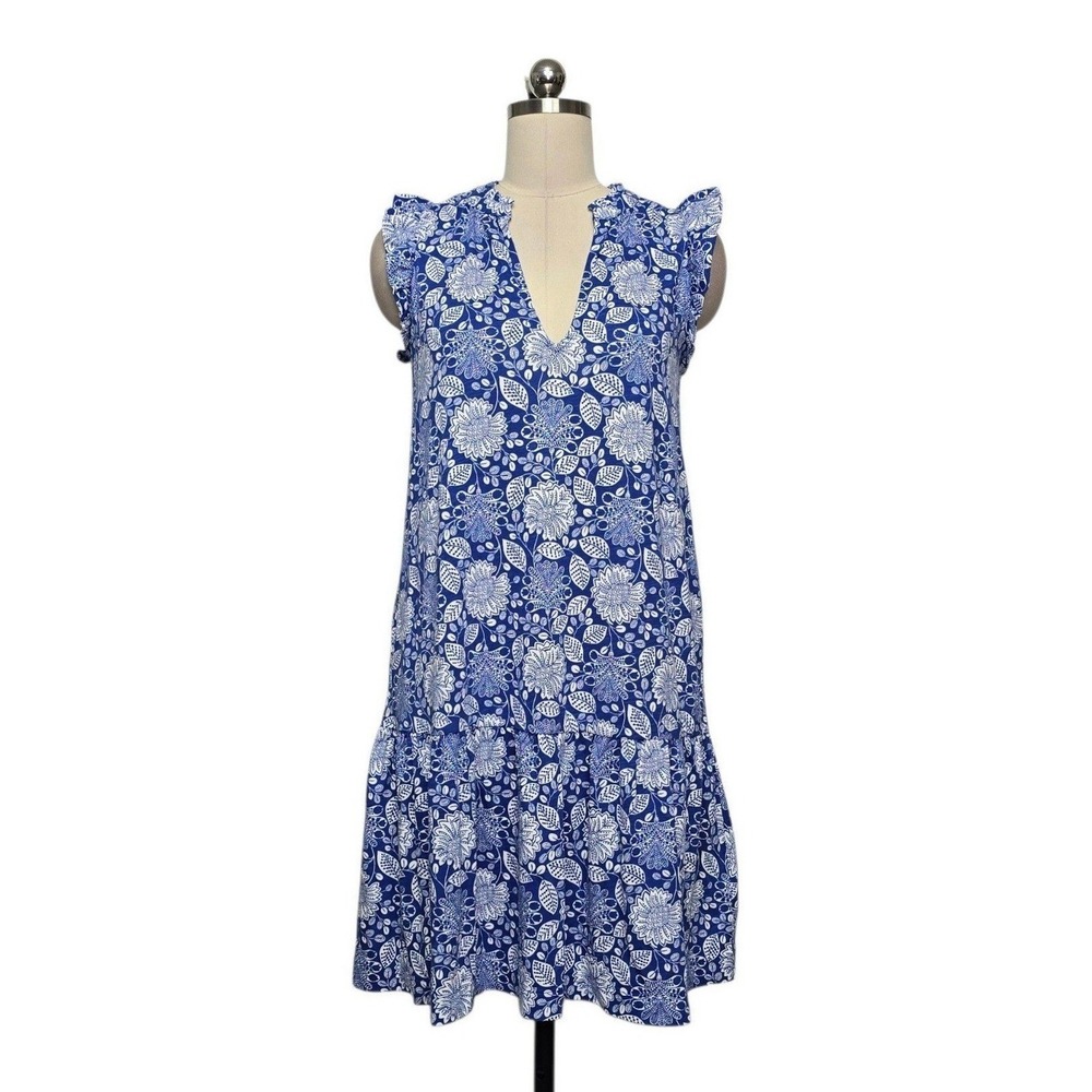 Boden Blue White Floral Ruffle Tiered Mini Dress Tencel Blend Size US 2R NEW